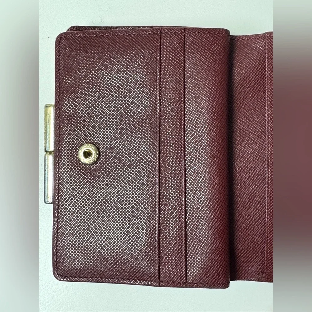 Burberry Women’s Classic Nova Check Burgundy Bi Fold Wallet With Gold Clasp